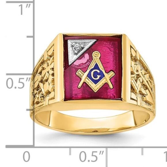 Men's 14k Gold Lab Created Ruby and Diamond Blue Lodge Master Masonic Ring - Picture 3 of 9